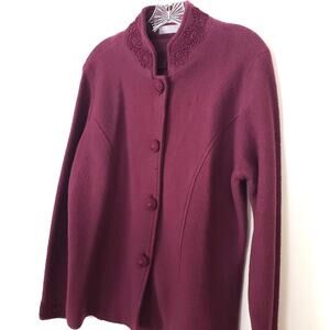 Kate Hill Wool Sweater Jacket Crocheted Details & Buttons Magenta Size Large P